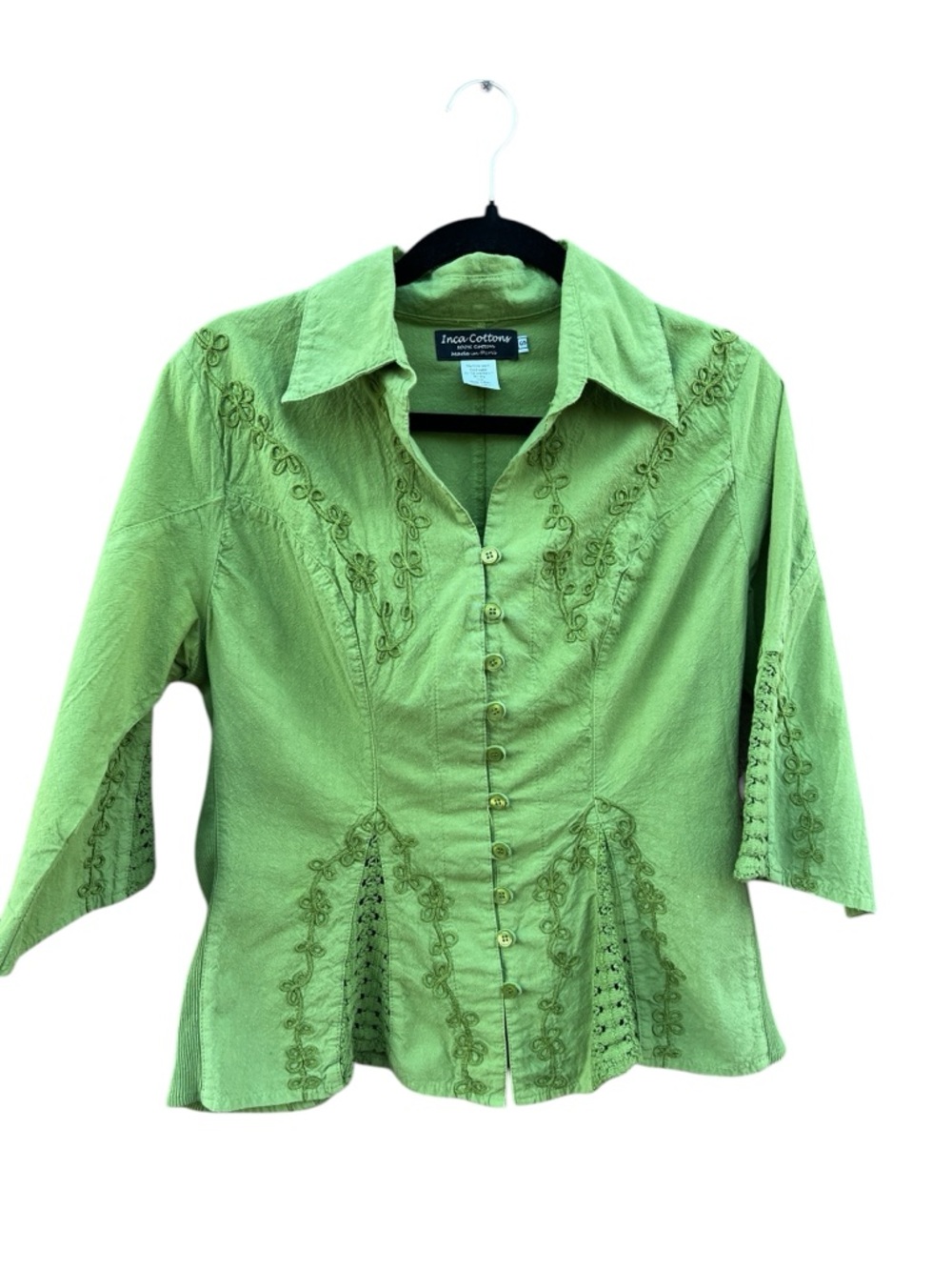 Inca Cottons Green Embroidered Boho Button Top Peru Cotton S Cottagecore